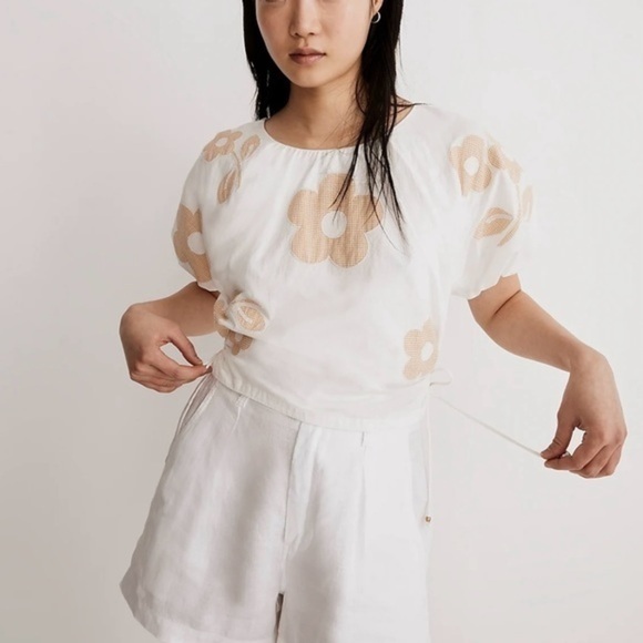 New Madewell Embroidered Poplin Puff Sleeve Cutout Crop Top - Picture 1 of 9